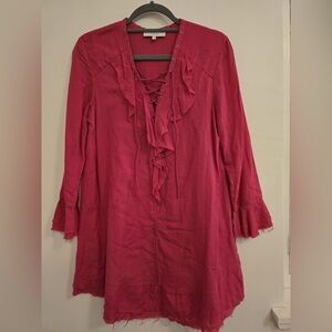 IRO Womens V-Neck Lace-Up Tied Fringed Hem Ruffled A-Line Dress hot pink EU 34